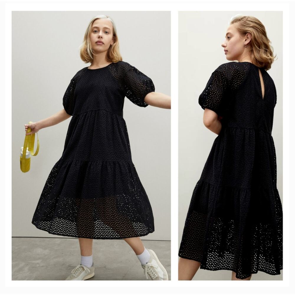 EUC $128 Everlane Tiered Eyelet Black Midi Dress